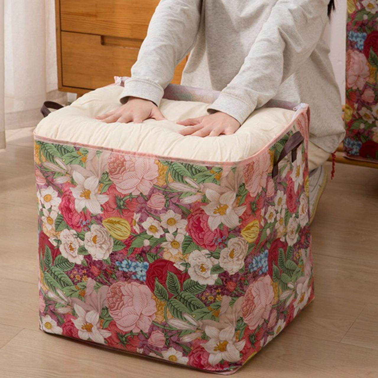 【大号】花朵收纳箱双拉链衣服赃衣篓被子防水防潮开学搬家袋布艺