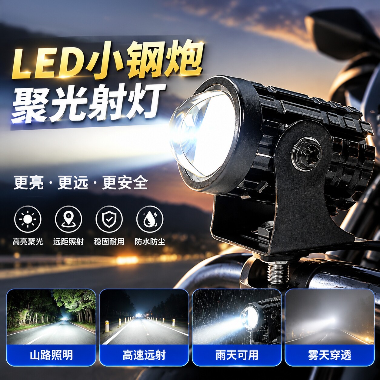电动车摩托车led强光灯机车改装小钢炮射灯12V通用远光近光黄白光
