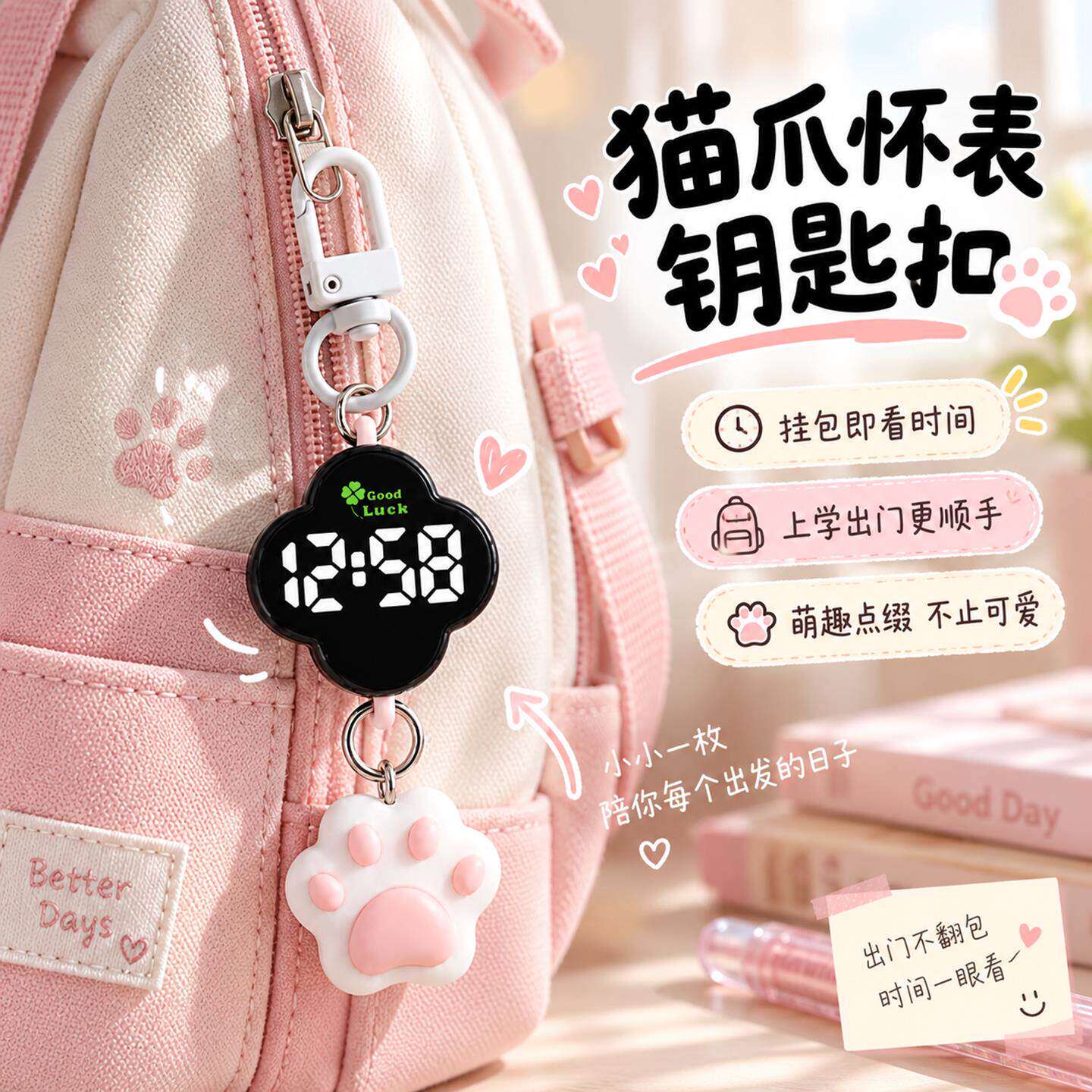 可爱猫爪四叶草迷你挂表小巧简约夜光学生防水电子表怀表高颜值