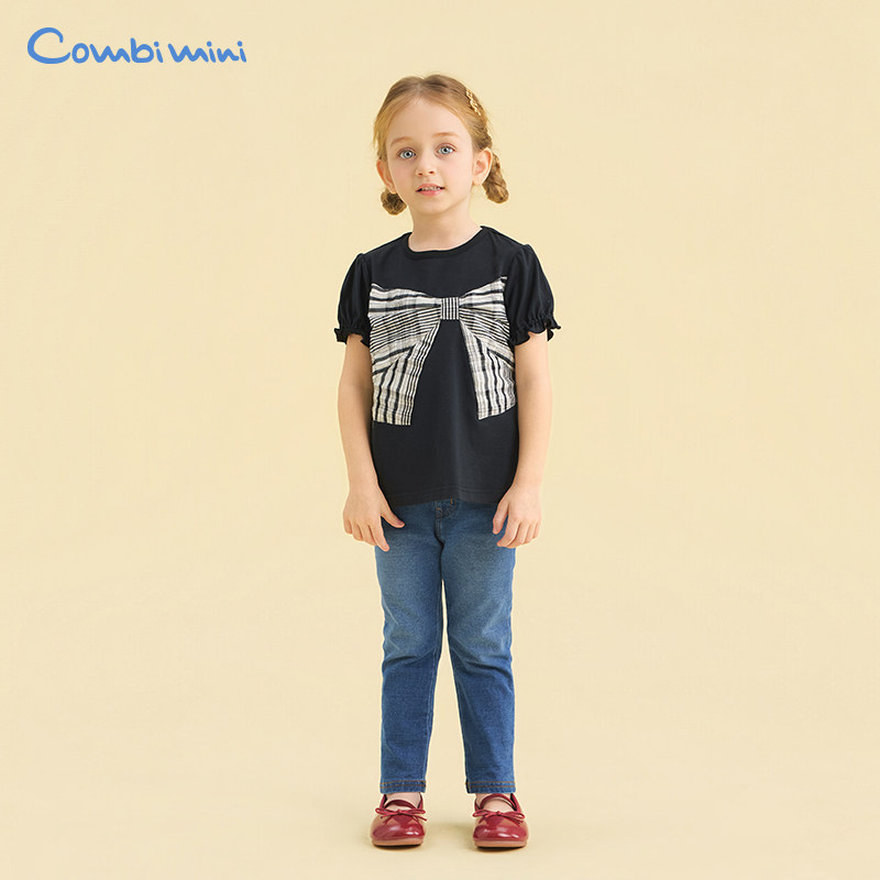 康贝Combi mini2026夏季新款婴幼童针织女童短袖(格子蝴蝶结)