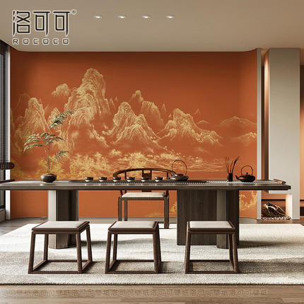 2026轻奢中式背景墙壁纸客厅金山壁画墙纸聚财山水墙布高级感壁布