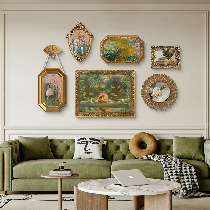 法式客厅装饰画轻奢高级感沙发背景墙挂画莫奈复古组合壁画绿色系