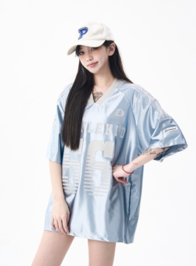 无无厘头美式v领辣妹球衣短袖T恤女缎面运动jerseyfit冰球服上衣