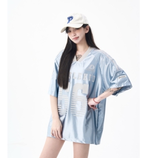 无无厘头美式v领辣妹球衣短袖T恤女缎面运动jerseyfit冰球服上衣