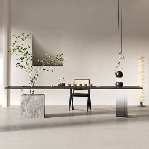 侘寂风茶台简约现代桌子客厅设计师实木泡茶桌办公室大板茶几盆栽