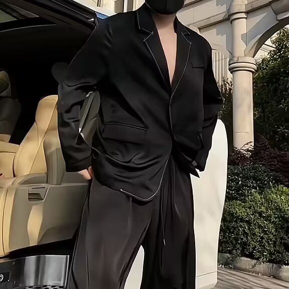 超薄款西服套装男 夏季新款时尚潮流垂感长袖西装+休闲长裤两件套