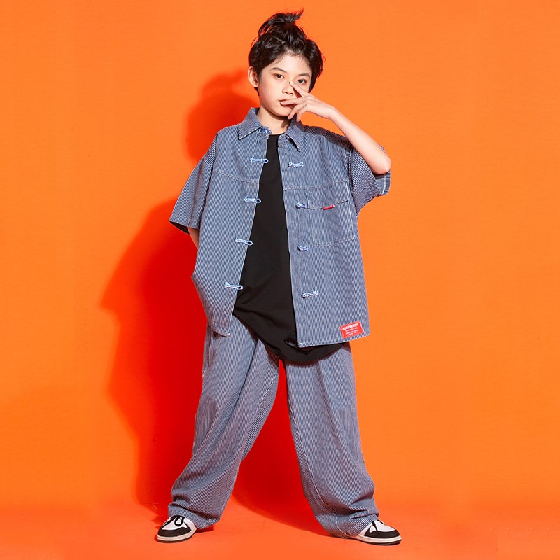 儿童街舞潮服男童帅气牛仔衬衫长裤hiphop演出服套装女童爵士舞服