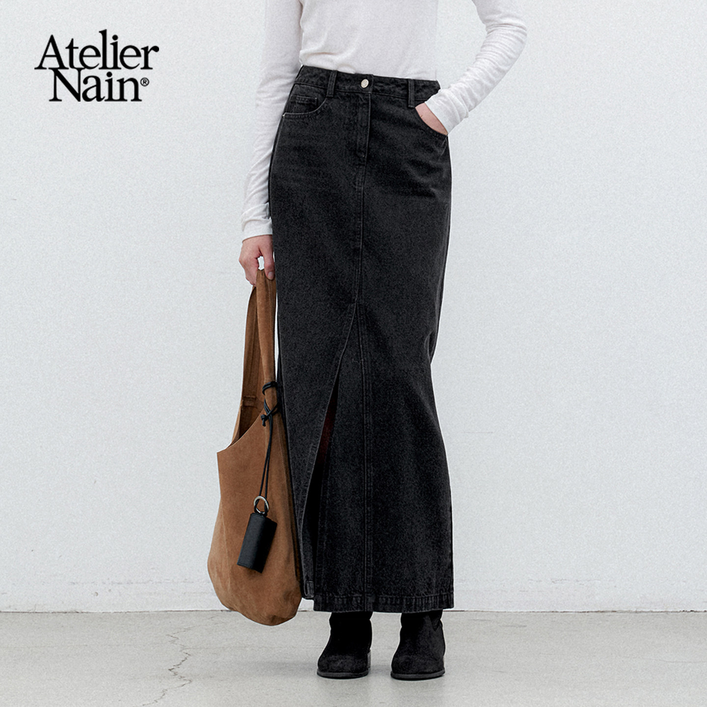 Atelier Nain2025年秋季新款半身裙韩版休闲直筒开叉设计中长裙女