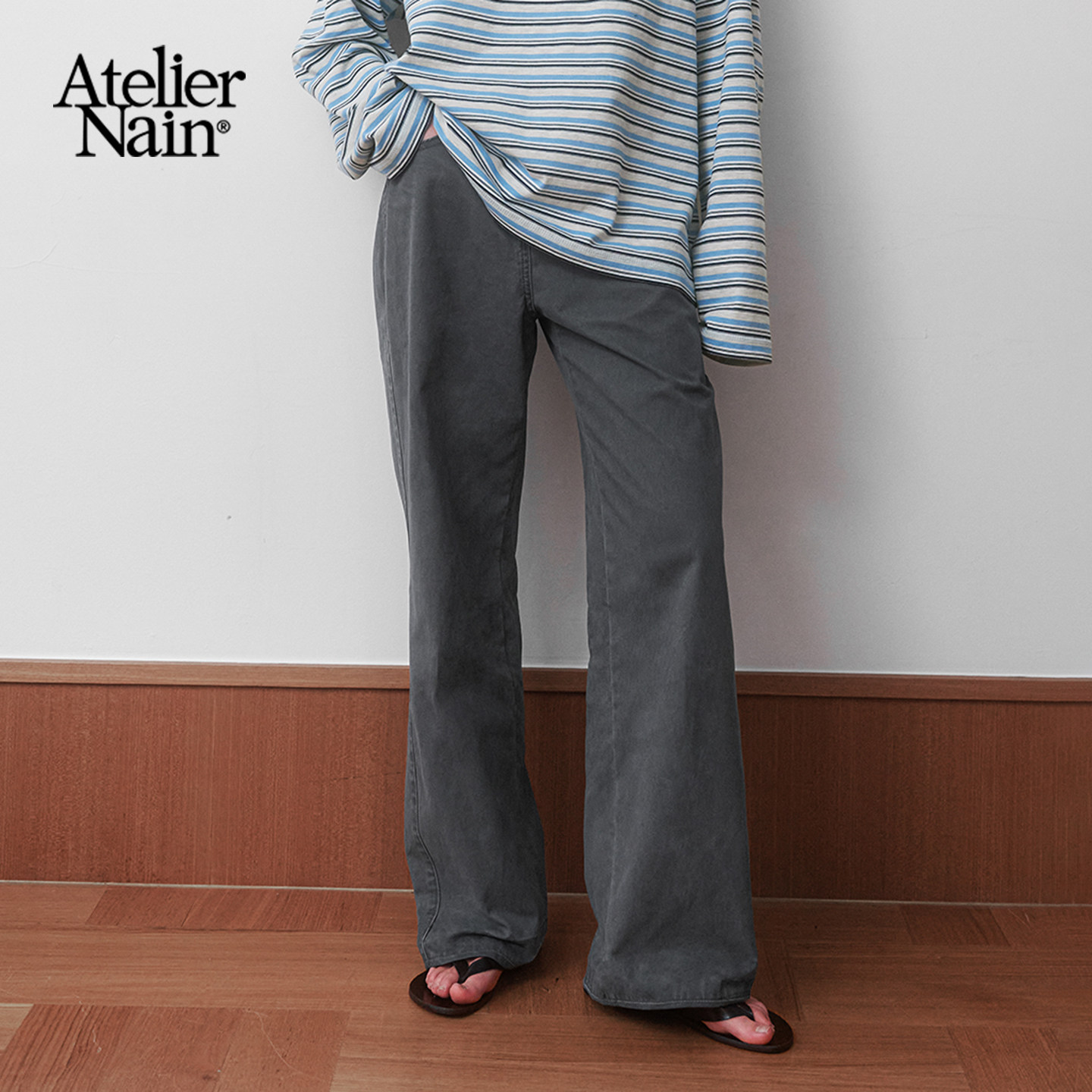 Atelier Nain2026年春季新款牛仔裤韩版极简风灰色阔腿百搭长裤女