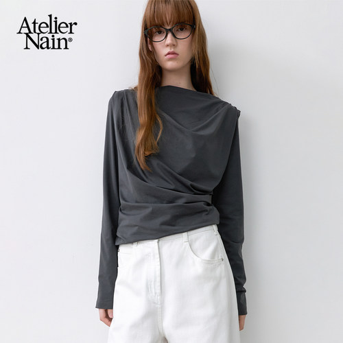 Atelier Nain2026年秋季新款一字肩设计感褶皱长袖T恤女百搭上衣