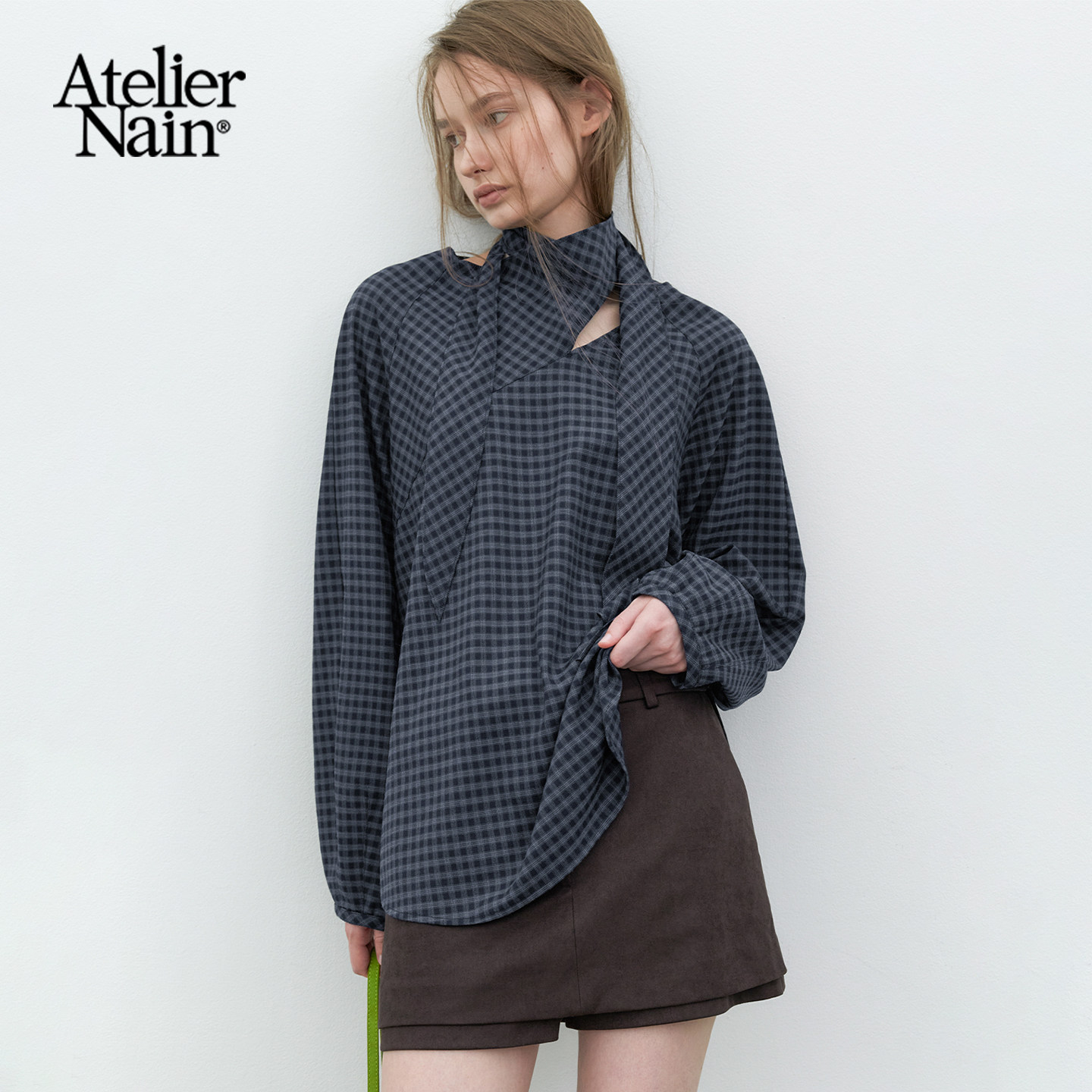 Atelier Nain2026年秋季新款复古格纹衬衫女长袖飘带韩版简约上衣