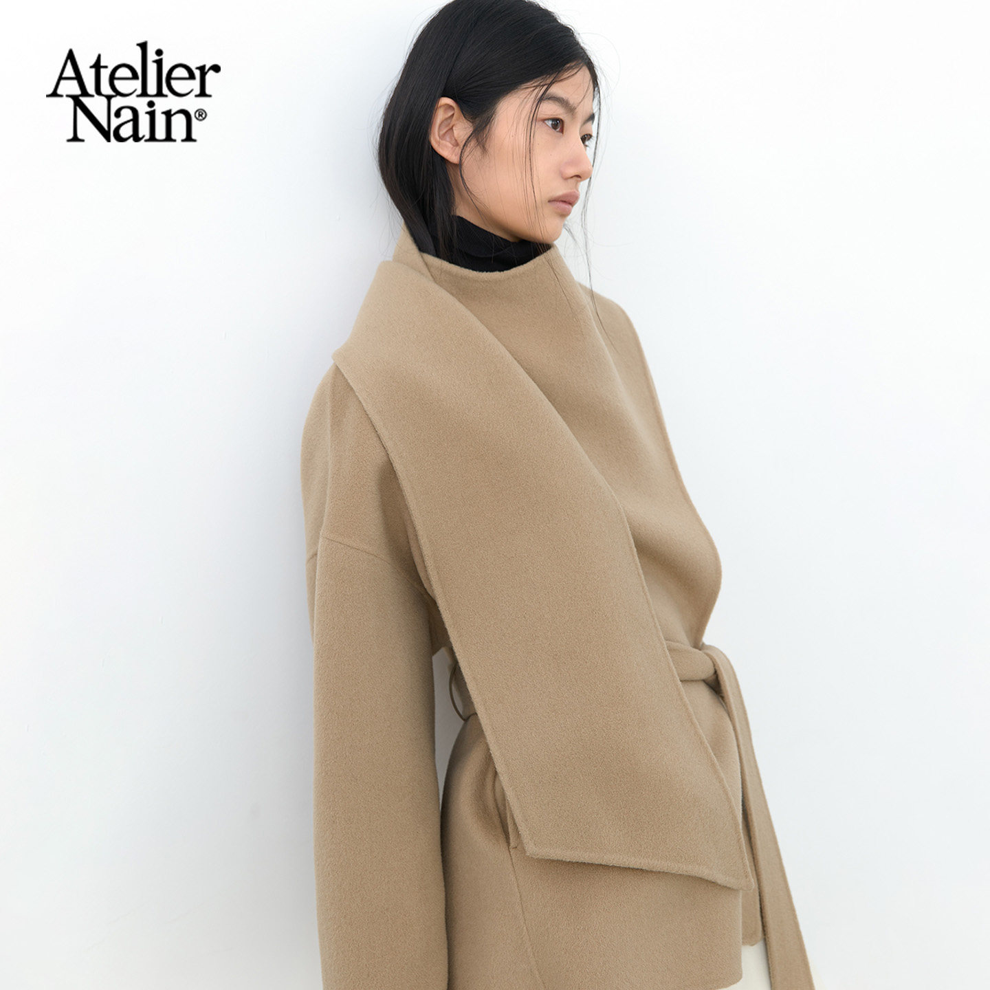 Atelier Nain2026年秋冬新款极简风围巾领设计感毛呢大衣系带外套
