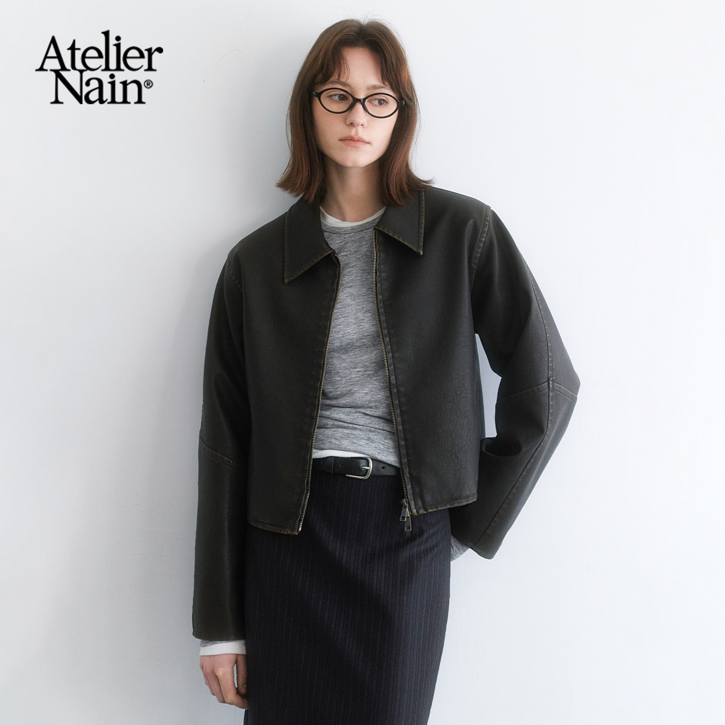 Atelier Nain2026年春季新款皮夹克复古翻领拉链短款皮衣女外套