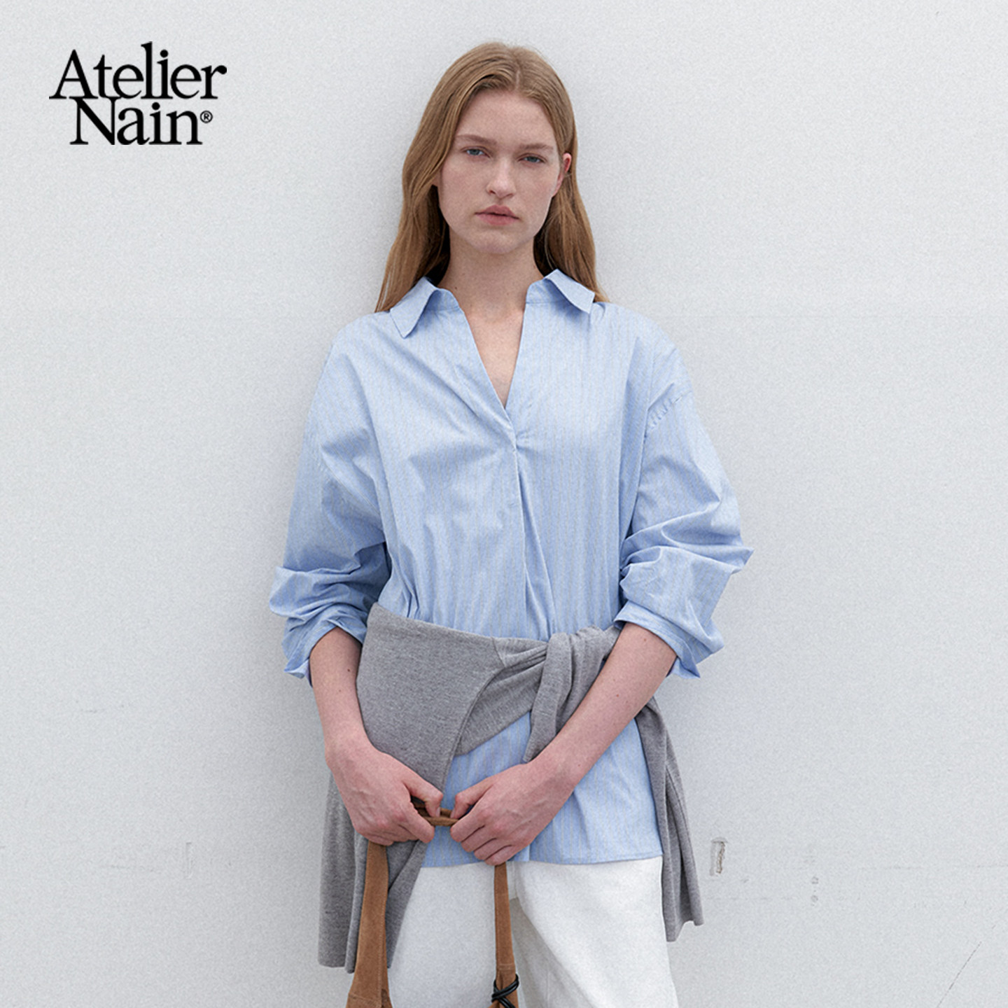 Atelier Nain2026年秋季新款条纹V领衬衫长袖宽松百搭通勤风上衣