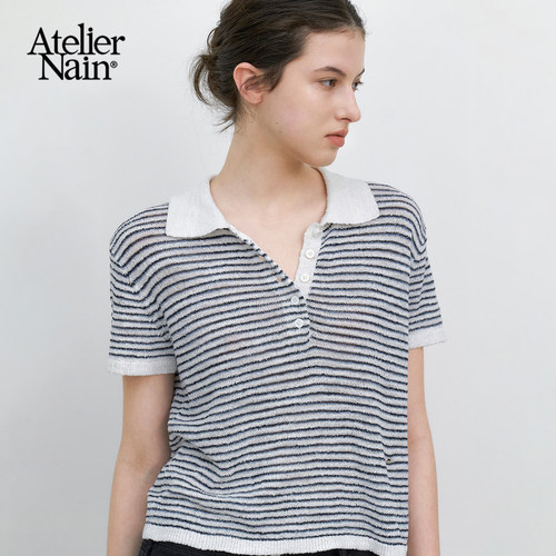 Atelier Nain2026年夏季新款条纹翻领短袖针织POLO衫女百搭上衣