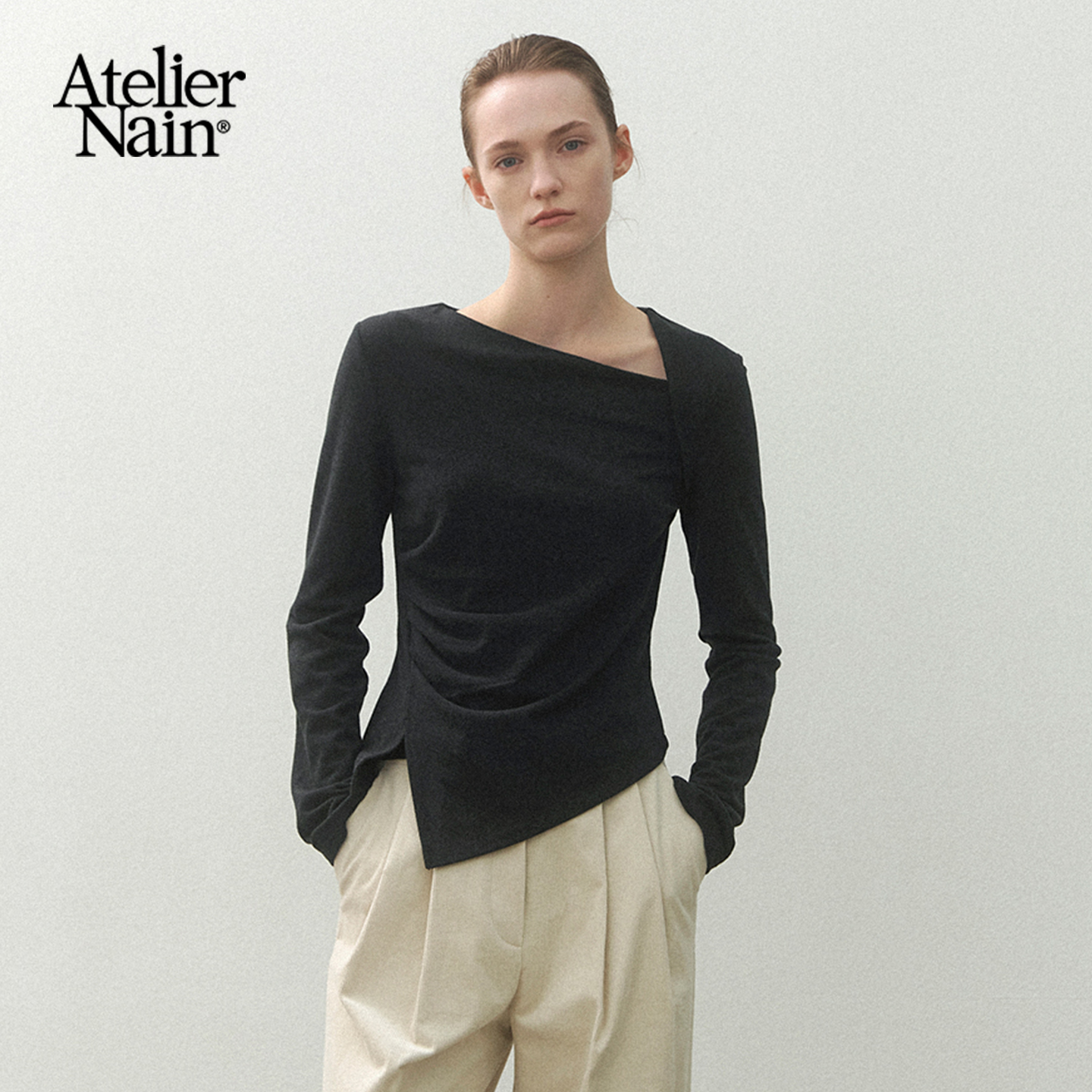Atelier Nain2025年秋季新款斜肩长袖T恤韩版褶皱设计显瘦上衣女