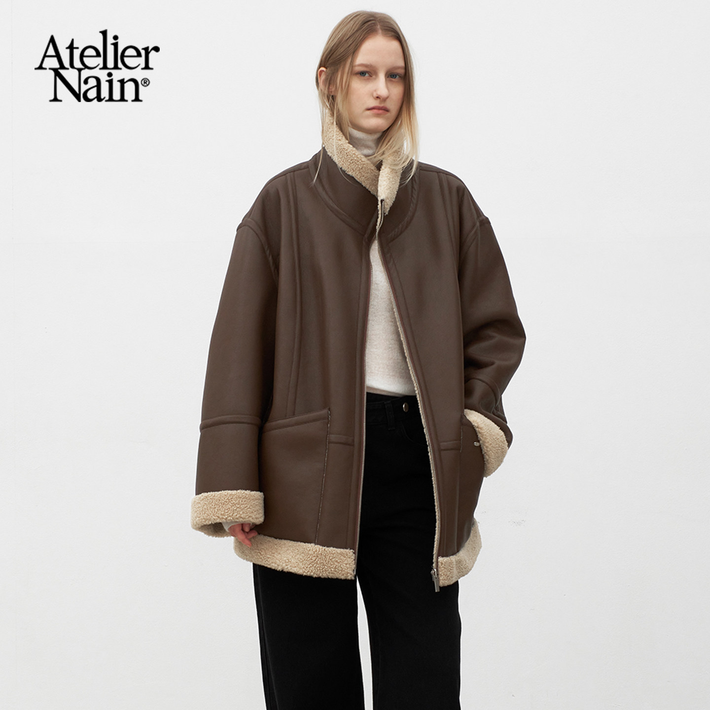 Atelier Nain2025年冬季新款皮毛一体立领皮衣外套韩版机车服夹克