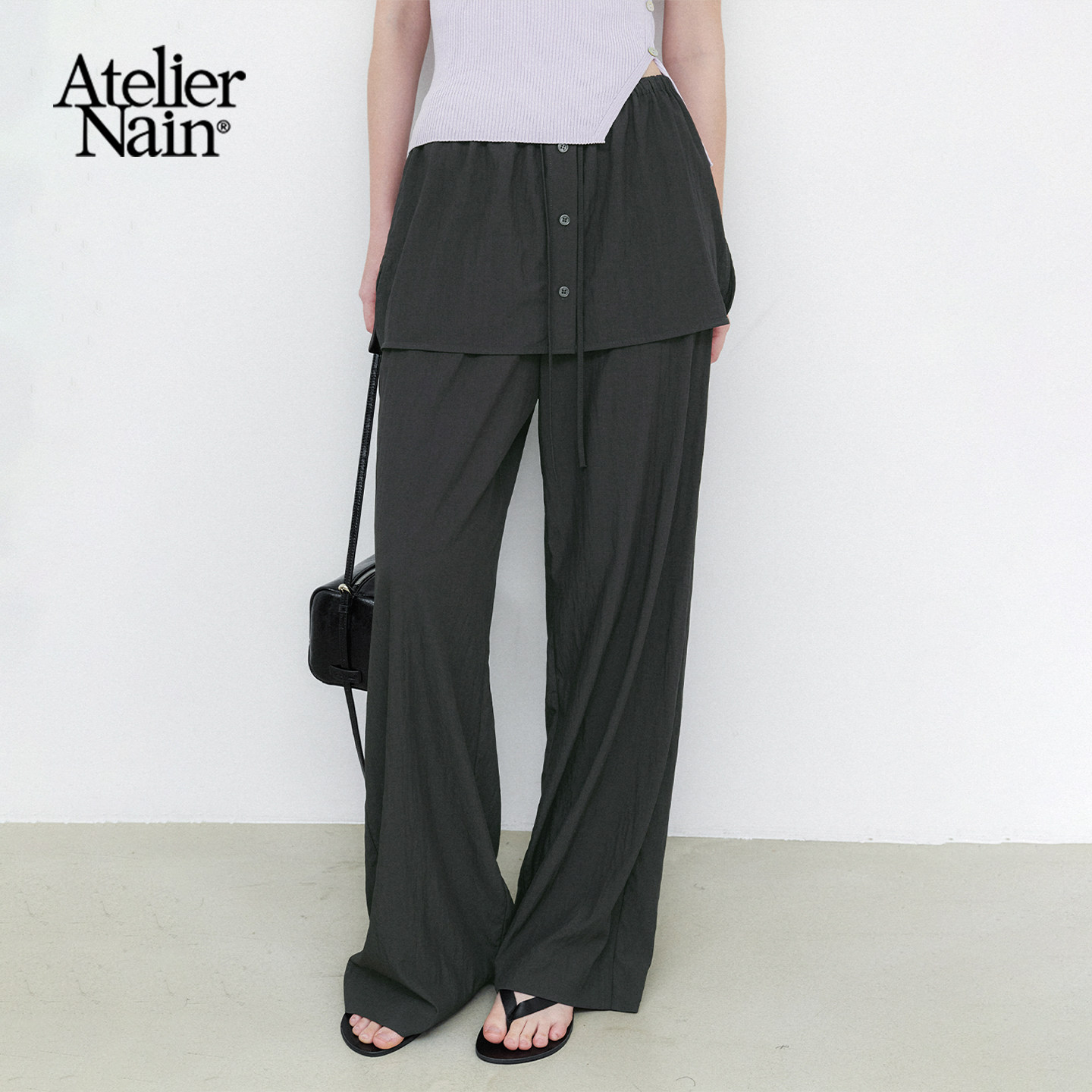 Atelier Nain2026年夏季新款假两件系带阔腿裤简约休闲慵懒风裤子