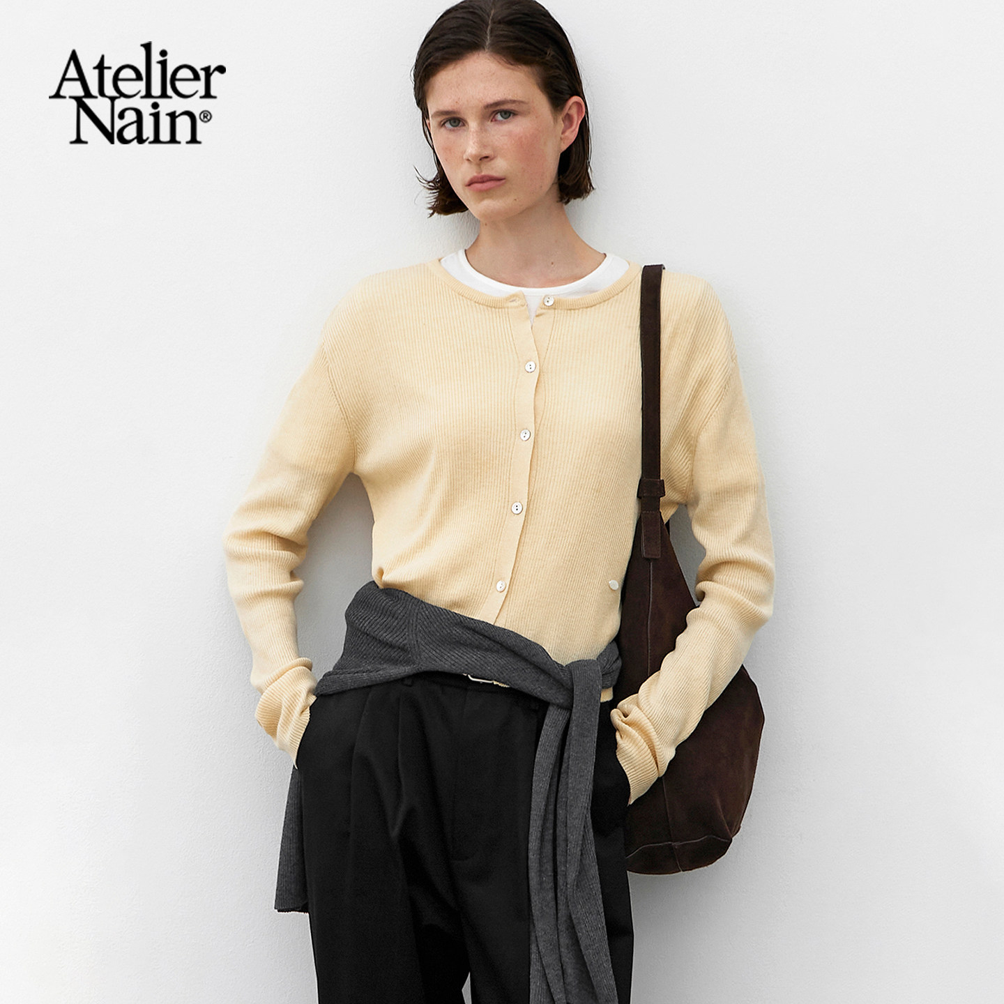 Atelier Nain2026年春季新款圆领针织开衫韩版简约百搭长袖上衣女