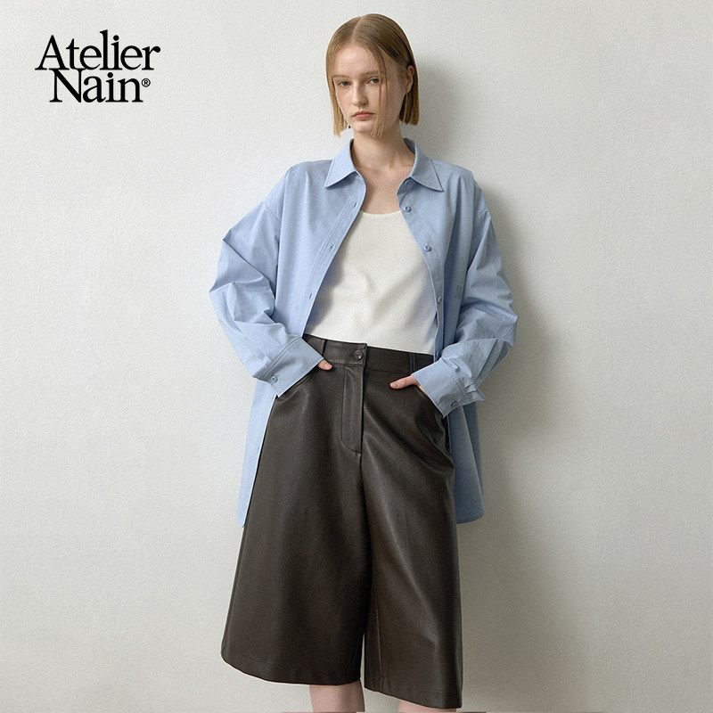 Atelier Nain2025年早春新款皮革阔腿裤韩版宽松百搭五分裤皮裤女