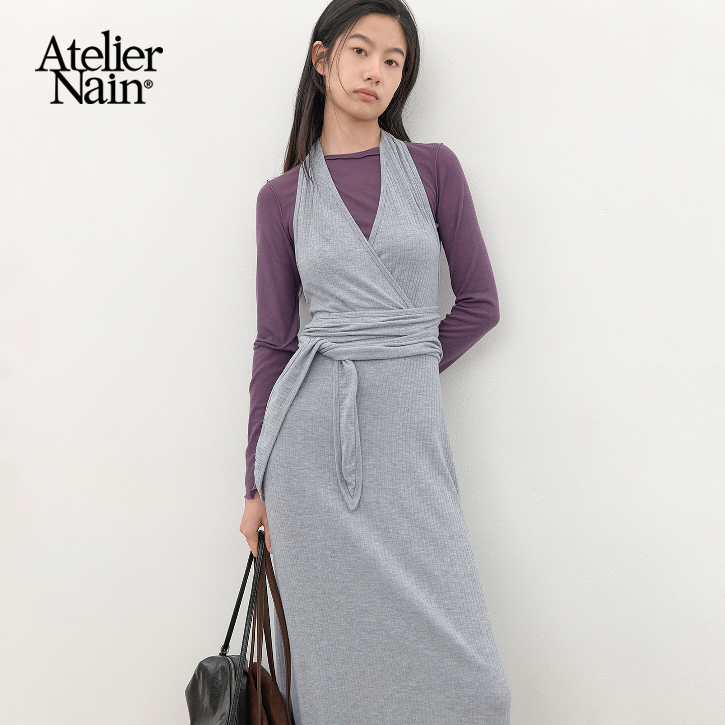 Atelier Nain2026年秋季新款优雅气质连衣裙女叠穿风V领收腰长裙