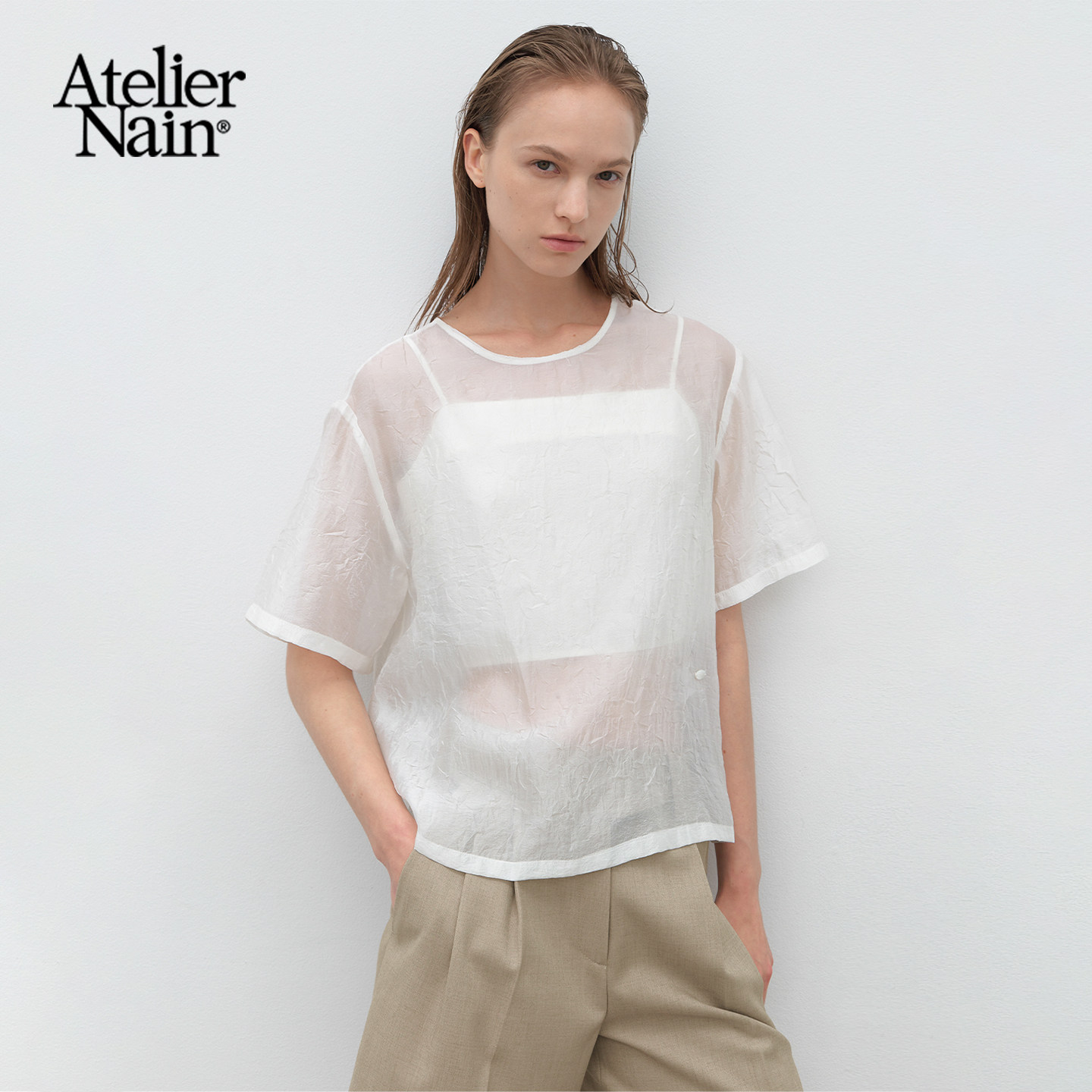 Atelier Nain2025年夏季新款短袖T恤韩版轻盈透视叠穿吊带两件套