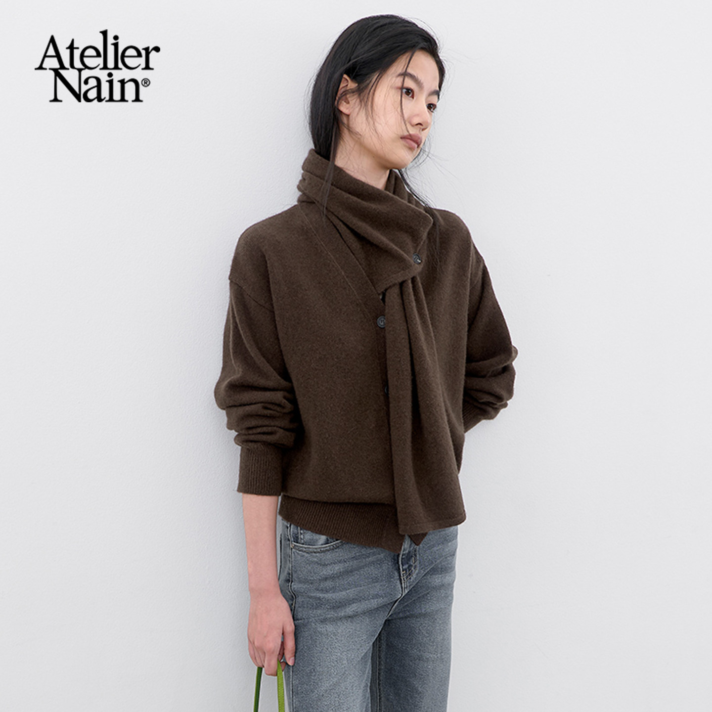 Atelier Nain2026年冬季新款羊毛针织开衫围巾套装设计感小众毛衣