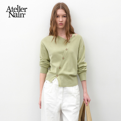 Atelier Nain2026年春季新款露肩针织衫不规则纽扣设计极简风上衣