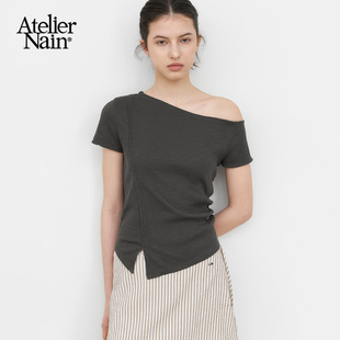 Atelier Nain2026年夏季新款斜肩不对称修身短袖女小众设计感上衣
