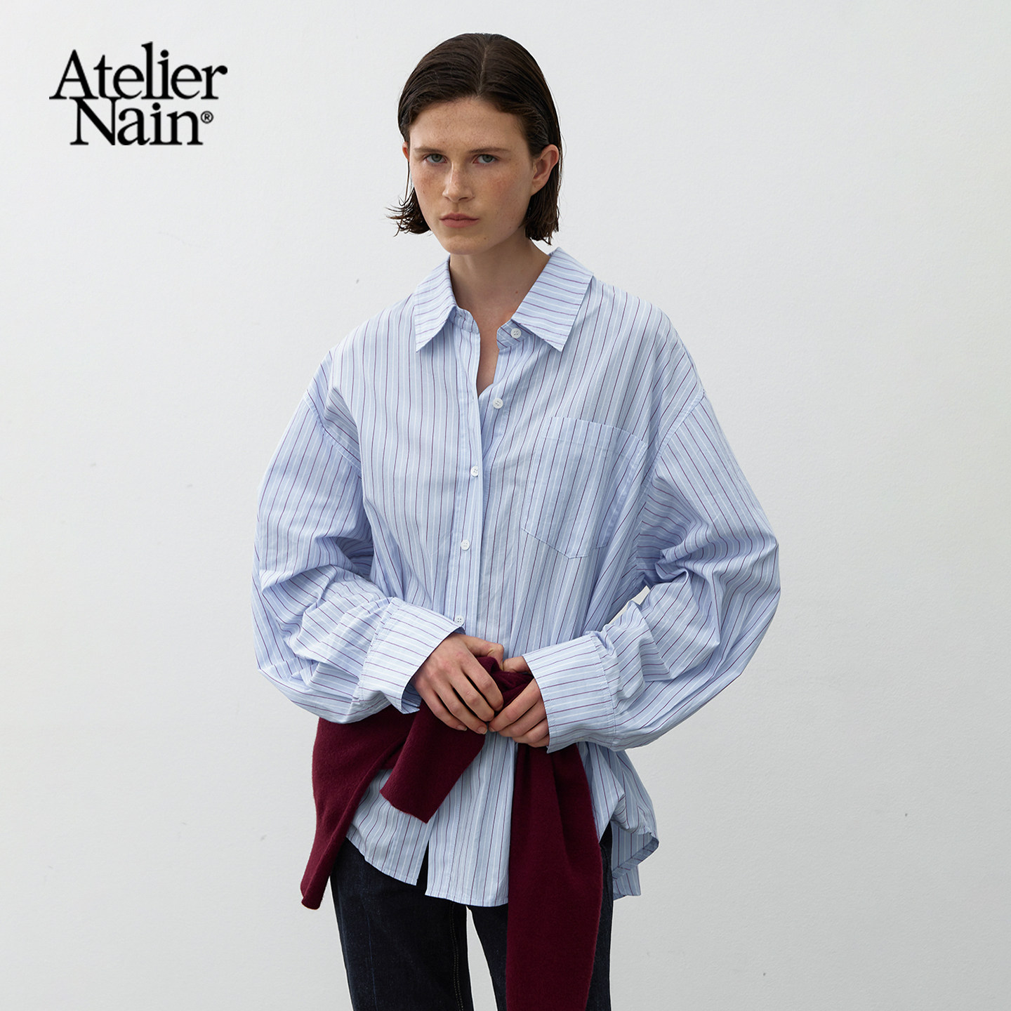 Atelier Nain2026年春季新款条纹衬衫韩版简约通勤小众中长款上衣
