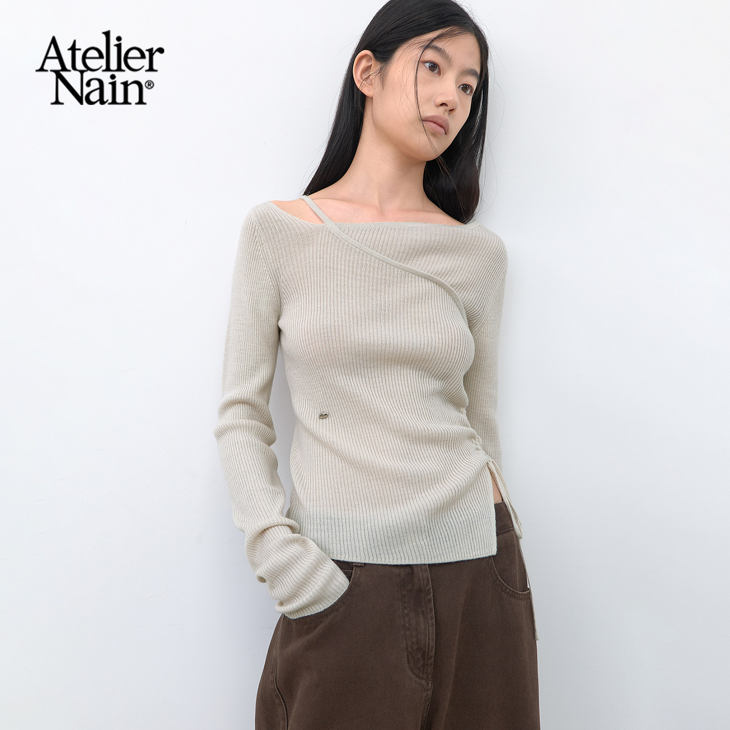 Atelier Nain2026年秋季新款设计感露肩针织衫女韩版显瘦长袖上衣