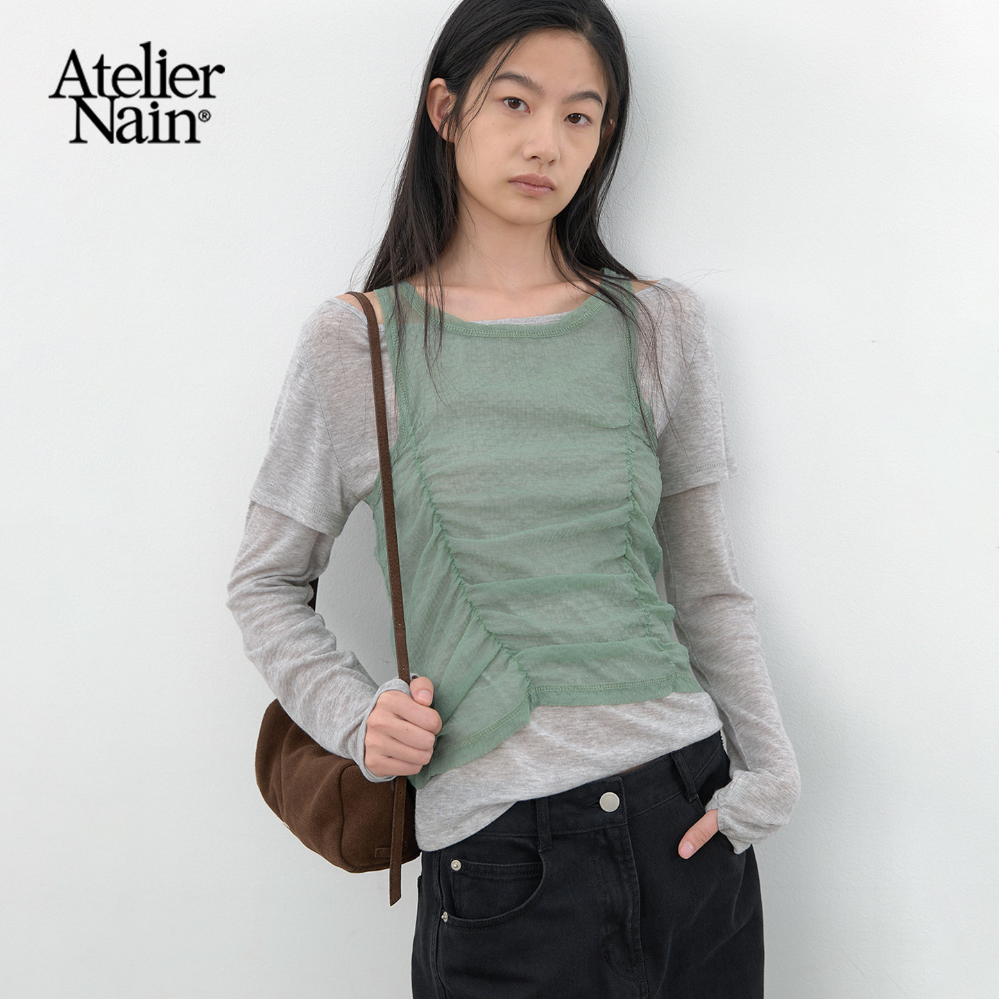 Atelier Nain2026年秋季新款简约风长袖T恤女韩版叠穿两件套上衣