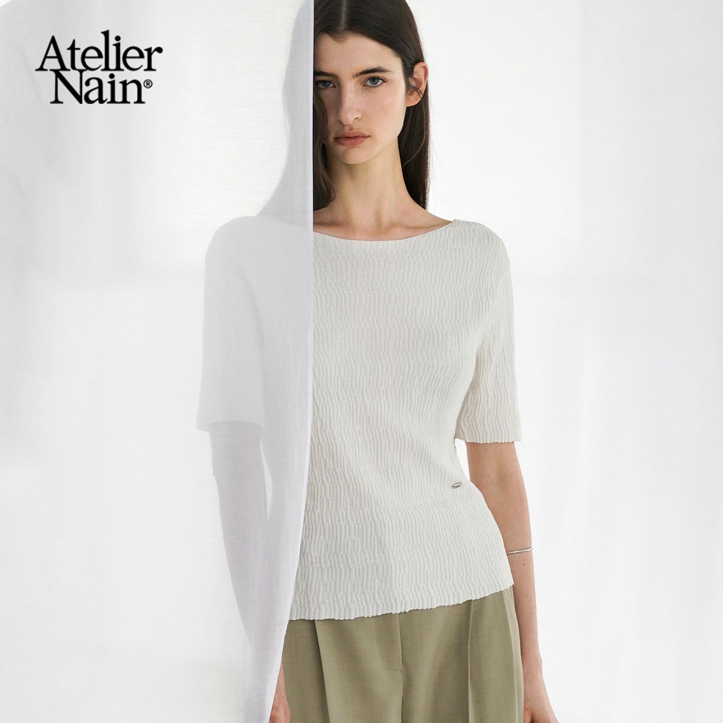 Atelier Nain2025年夏季新款亚麻短袖T恤简约修身通勤百搭上衣女