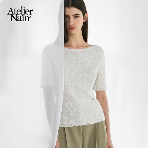 Atelier Nain2025年夏季新款亚麻短袖T恤简约修身通勤百搭上衣女