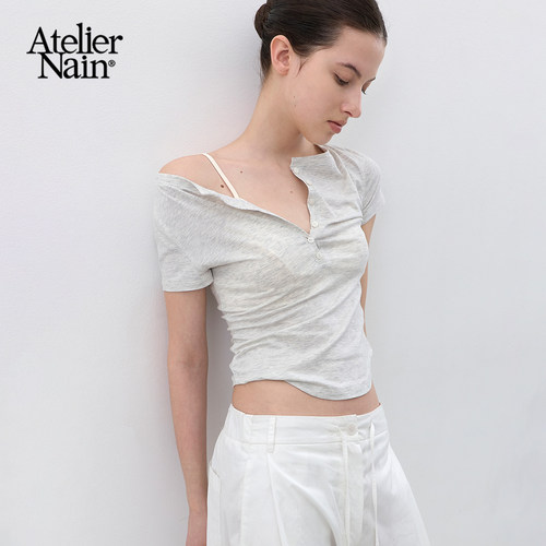 Atelier Nain2026年夏季新款极简风纽扣修身短袖T恤女百搭上衣
