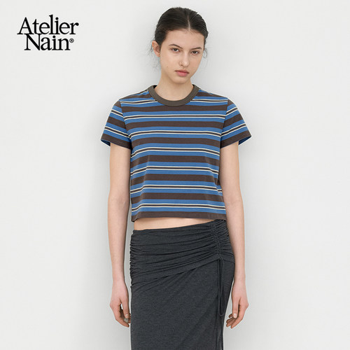 Atelier Nain2026年夏季新款撞色条纹短袖T恤女韩版时尚短款上衣