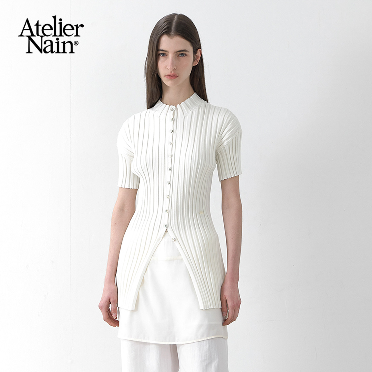 Atelier Nain2025年夏季新款修身薄款短袖开衫设计感长款开叉上衣