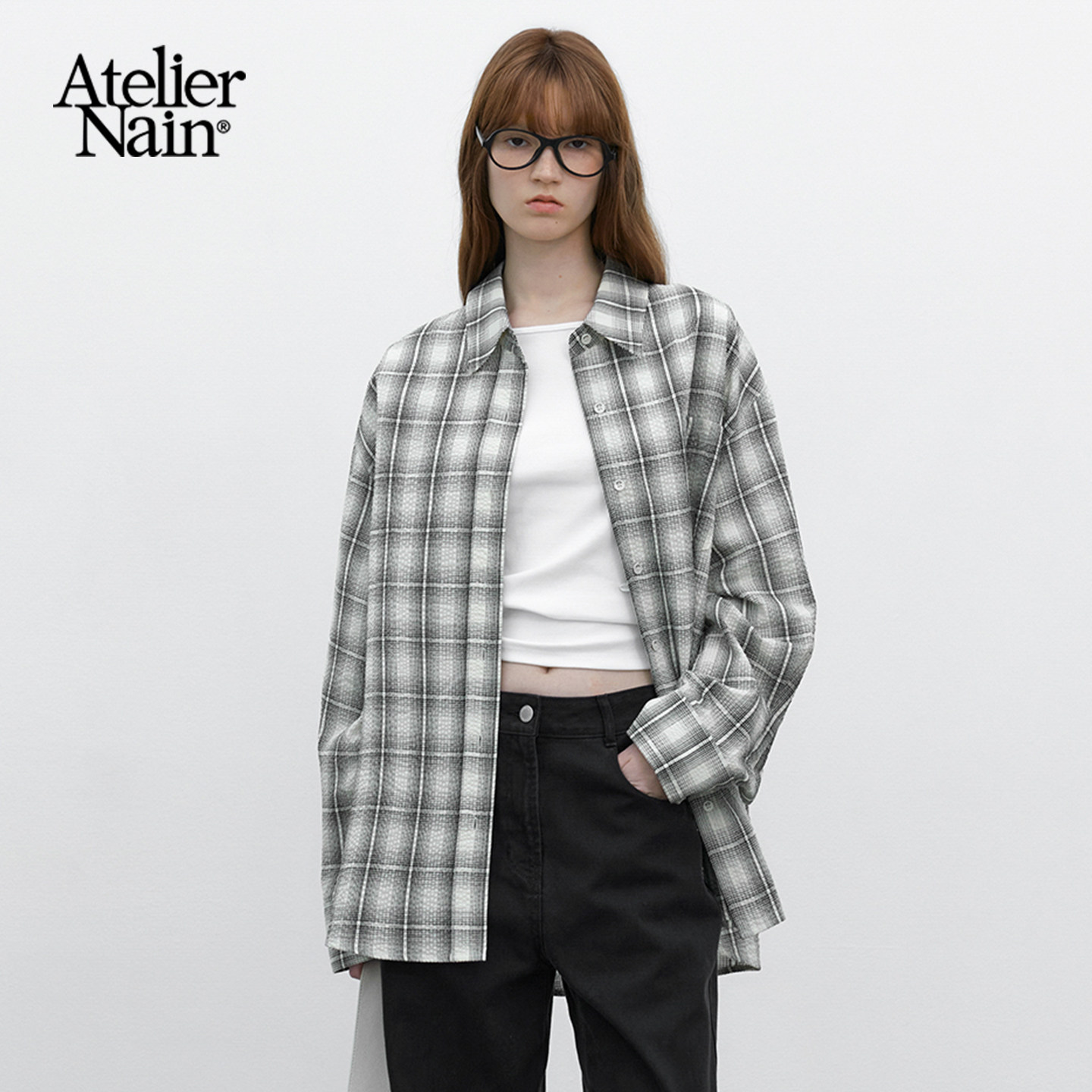 Atelier Nain2026年春季新款格子衬衫女韩版宽松翻领长袖休闲上衣