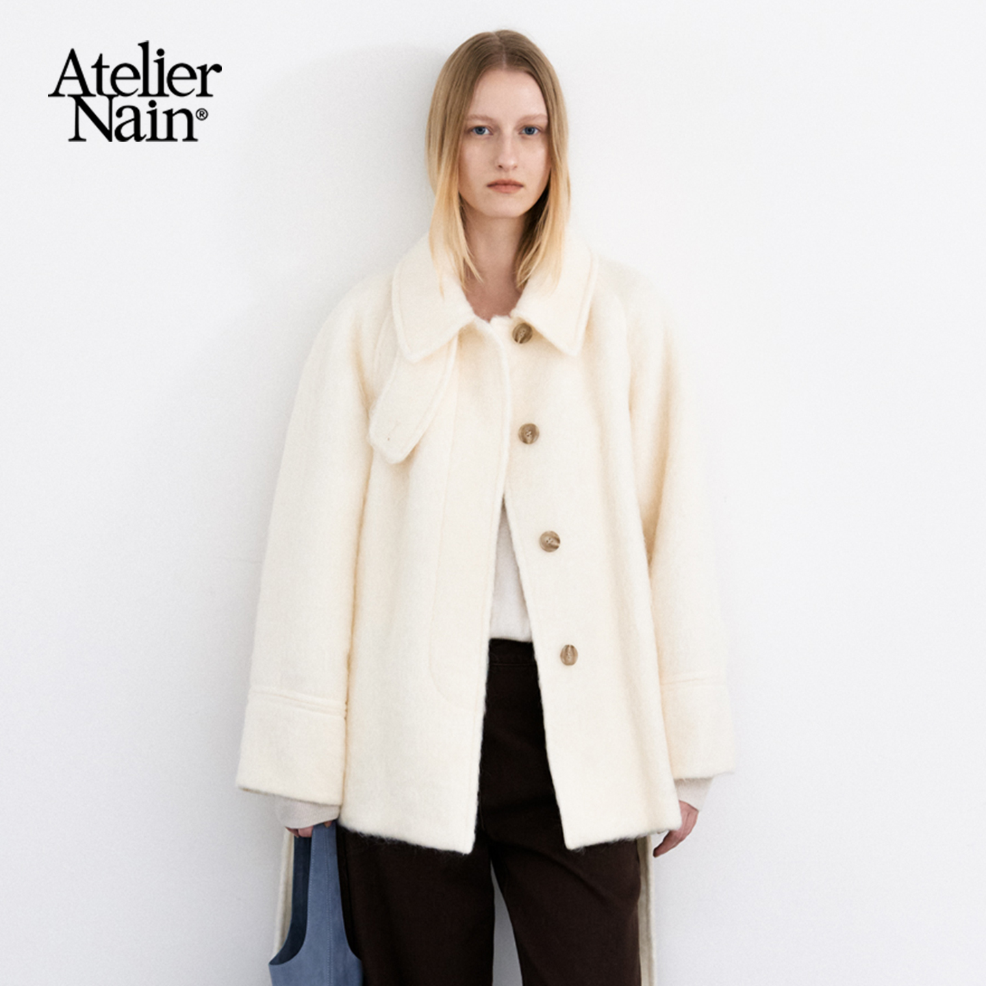 Atelier Nain2025年冬季新款羊毛毛呢大衣翻领中长款收腰气质外套