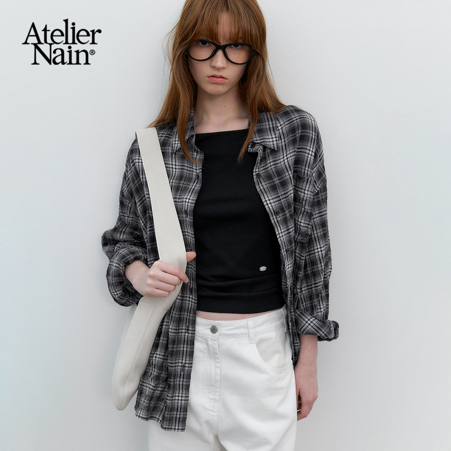 Atelier Nain2026年春季新款格纹衬衫女长袖韩版翻领休闲百搭上衣