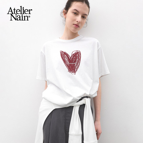 Atelier Nain2026年爱心印花短袖T恤女韩版宽松百搭纯棉圆领上衣