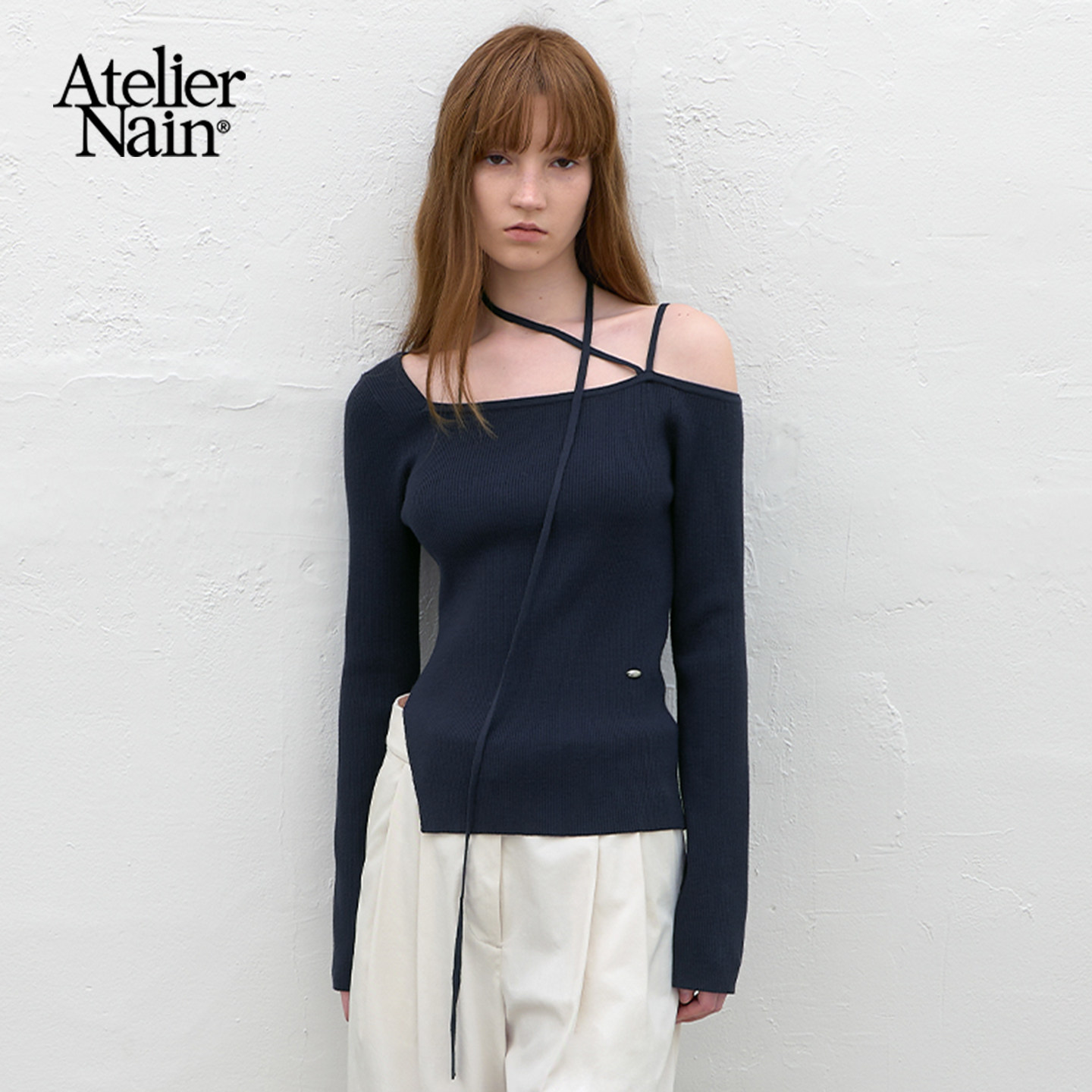 Atelier Nain2026年春季新款露肩设计感针织衫甜美时尚显瘦上衣女