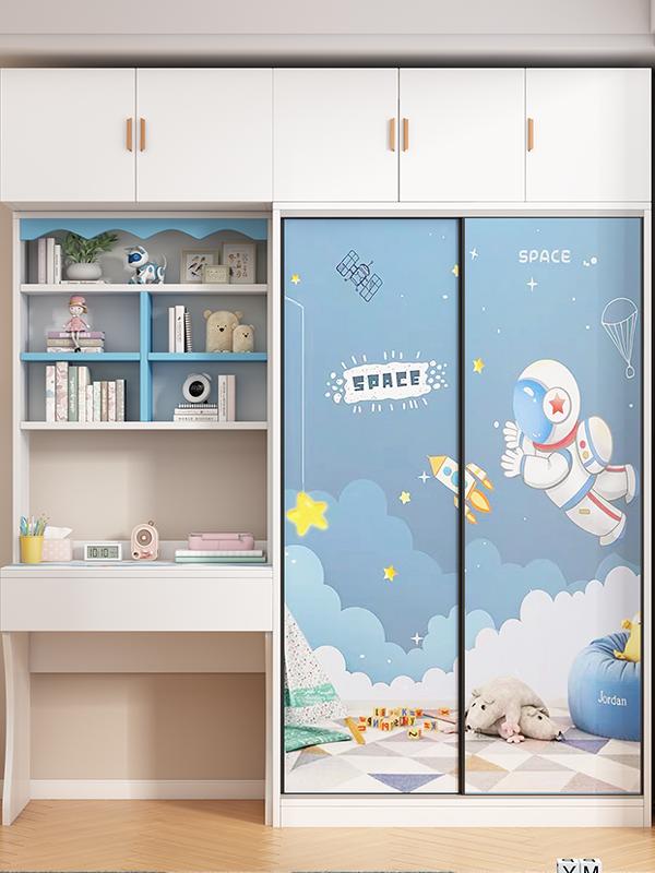 儿童衣柜卡通书桌家用卧室一体书架连体书桌柜推拉门带学习桌书架