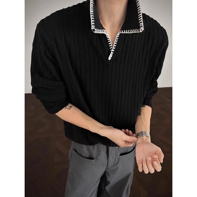 秋季老钱风卫衣男款早秋氛围感穿搭上衣贝壳绣麦穗纹polo领长袖恤