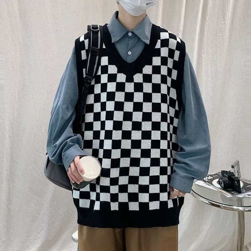 春秋季百搭V领针织背心ins宽松情侣坎肩上衣棋盘格子毛衣马甲男生