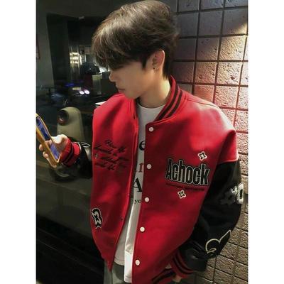 国潮美式高街徽章刺绣字母棒球服夹克男秋冬重磅宽松外套