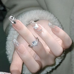 2025新款纯手工穿戴甲冰透碎钻蝴蝶美甲片气质显白亮钻学生可拆卸