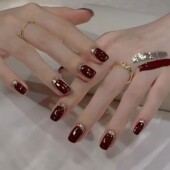 纯手工穿戴甲秋冬短款 酒红碎金 纯色美甲温柔显白车厘子红可拆
