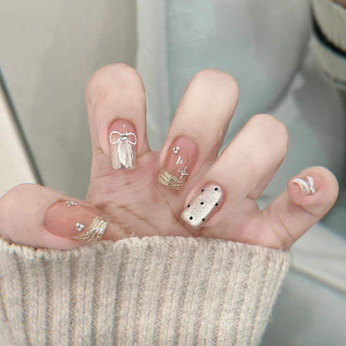 纯手工穿戴甲魔镜粉法式波点蝴蝶结美甲纯欲裸色气质新款学生指甲