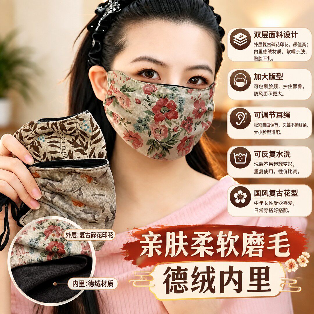 保暖口罩冬天防风防寒新款女士碎花加绒加厚面罩可水洗高颜值